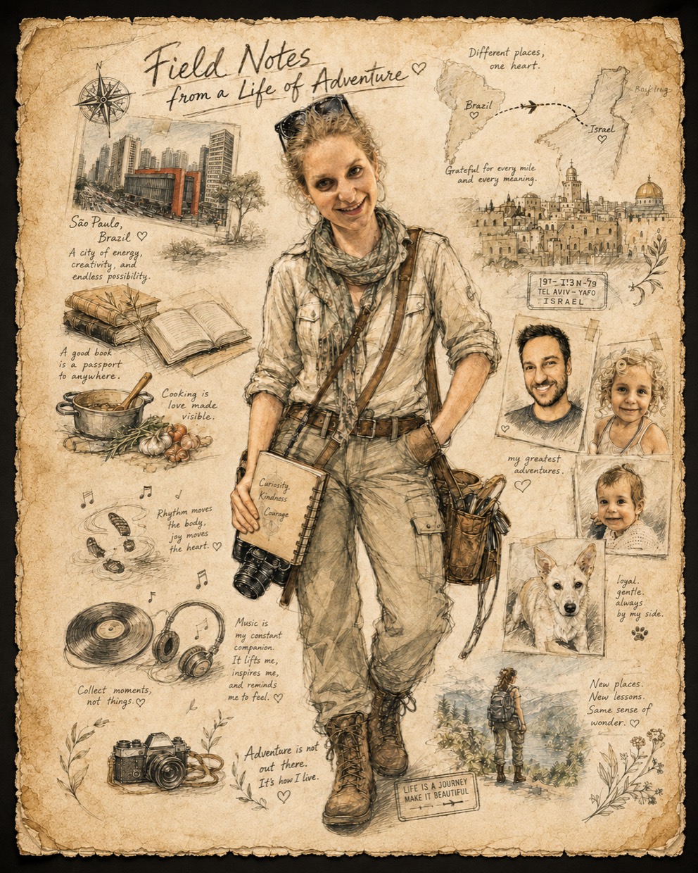 Field Notes from a Life of Adventure — an illustrated map of Marina's journey from Brazil to Israel